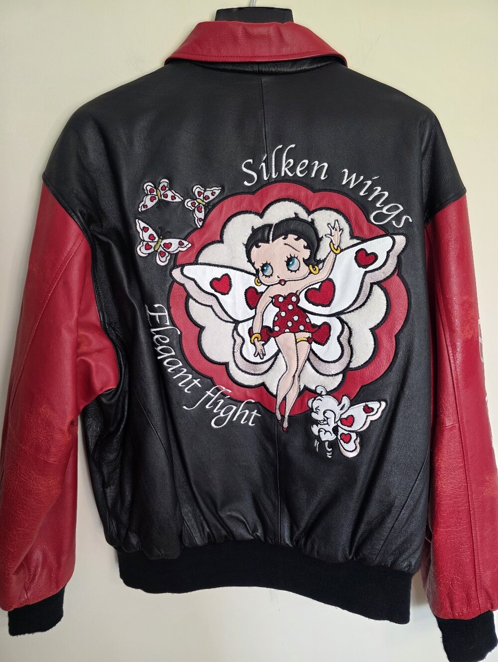 Black & Red Leather Bomber Jacket with Betty Boop Embroidery 90's Y2k